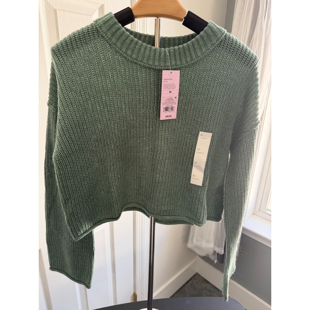 Wild Fable Dark Green Knit Cropped Long Sleeve Sweater Size M